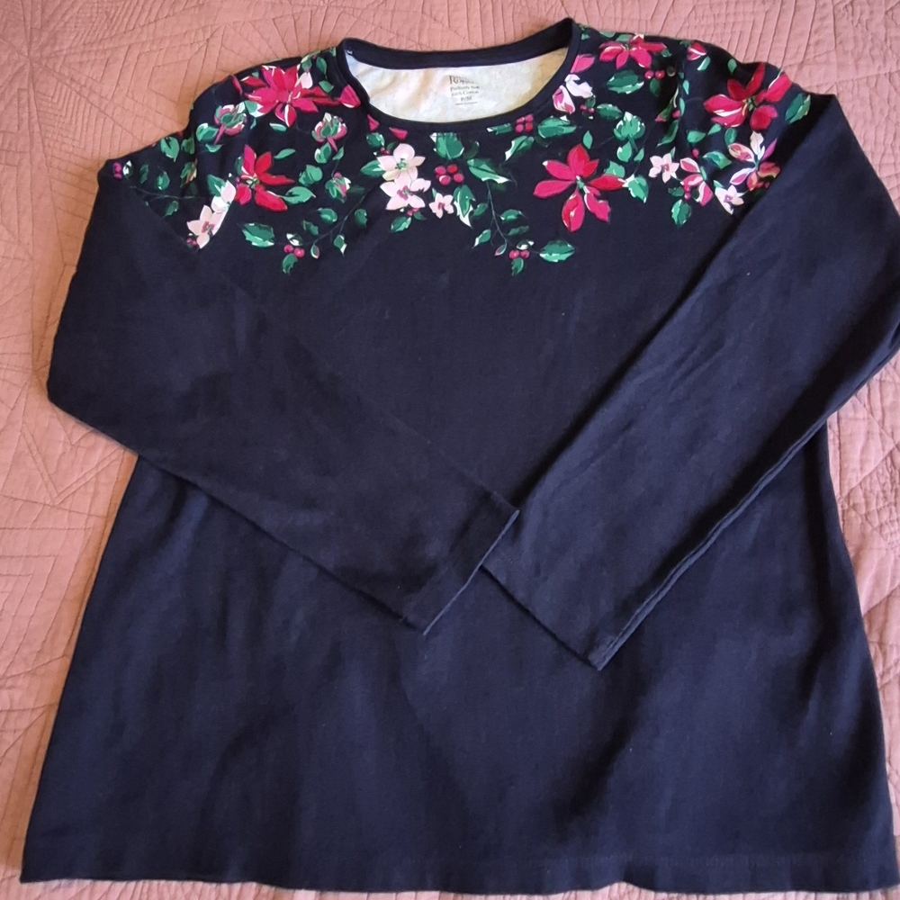 Kim Rogers Black Floral Scoop Neck Top with Pink & Green Accents